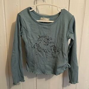 Btween youth 4/5 Blue ribbed Long Sleeve Shirt with Horse glitter Design